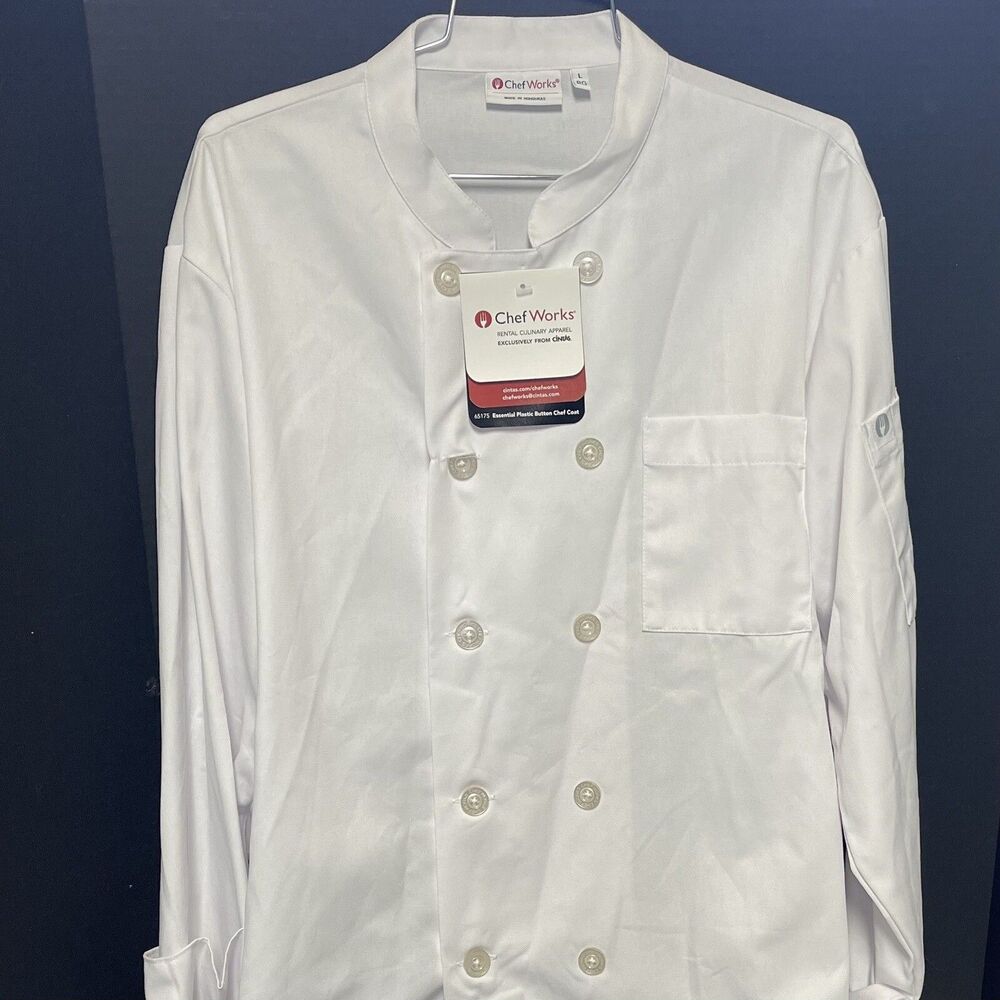 Chef Works Unisex Essential Plastic Button Le Mans Coat White Large Regular NEW